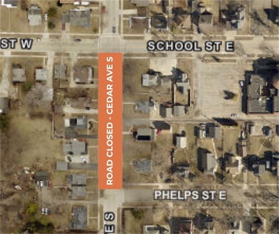 Map showing closure on Cedar Ave S from School to Phelps