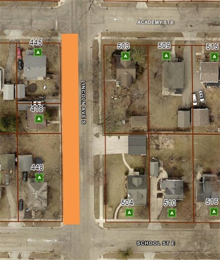 Aerial map showing road closed area on Lincoln from Academy to School
