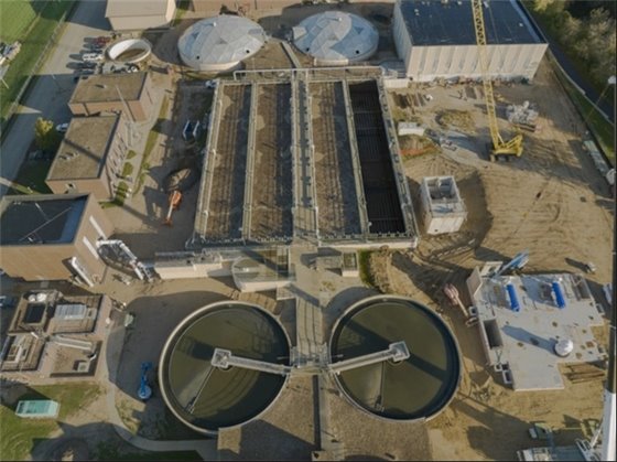 Aerial photo of waste water treatment plan expansion construction progress