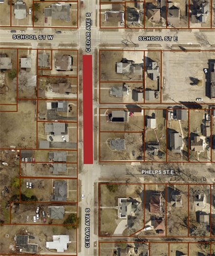 Aerial map showing road closure on Cedar Ave S between School Street E and Phelps St E