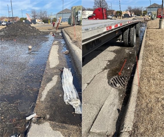 Dirty snow piles draining to nearby storm drain