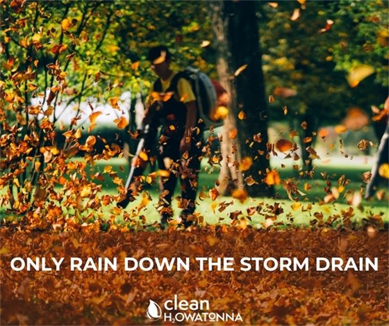 Person using a leaf blower and a pile of leaves