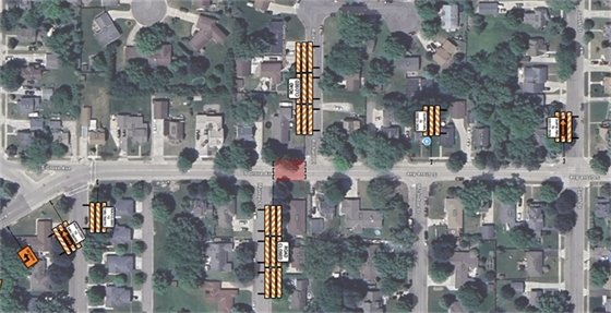  aerial image showing road closure on Grove Ave S between Murray Street and Mcindoe Street