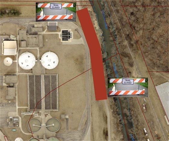 Aerial map showing north straight river trail closure 